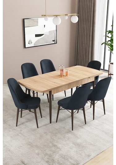 Sar Pakete Almira Serisi, Meşe Desen 80x132 Açılabilir Mdf Mutfak Masası Takımı 6 Adet Sandalye Antrasit