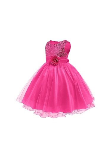 Kız Çocuk Pullu Payetli Abiye Elbise-Fuşya