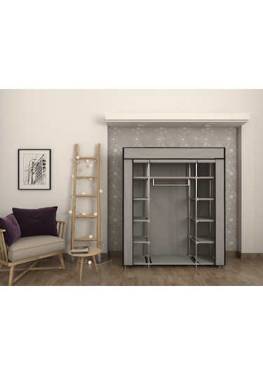 Burak Metal Çift Yandan Raflı Gri Bez Dolap Gardırop Gri