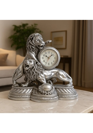 Gümüş Gold Aslan Figürlü Masa Saati 28x26 Gümüş