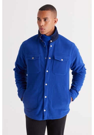 AC&Co / Altınyıldız Classics Erkek Saks-lacı Standart Fit Normal Kesim Gömlek Yaka Cepli Polar Ceket Lacivert
