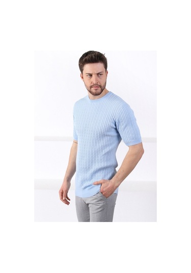 Ferraro Mavi Bisiklet Yaka Erkek Pamuk Triko T-Shirt-Mavi (490417519) Mavi