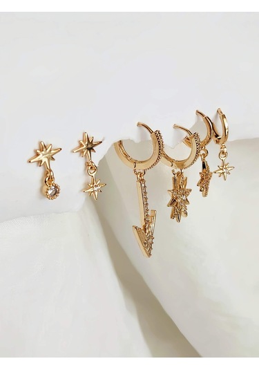 6'lı Ok Yıldız Kutup Yıldızı Altın Kaplama Gold Küpe Seti Gold