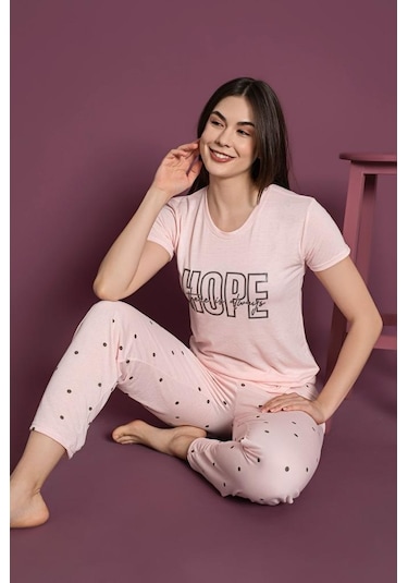 Lukitus Bambu Sıfır Yaka Kısa Kol Kadın Pijama Takımı - Pembe