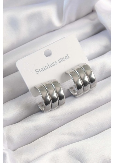 316l Çelik Gümüş Renk 3lü Görünüm Bombe Model Yarım Halka Küpe - Tj-bkp9490 Çok Renkli