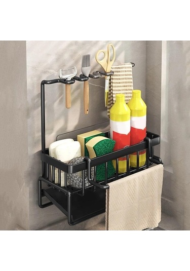 Pazly Mutfak Lavabo Organizatörü Sünger Tutucu, Kendiliğinden Boşalan Tepsi, Bulaşık Sabunu, Fırçalama, Bezi, Paslanmaz Çelik Raf Siyah