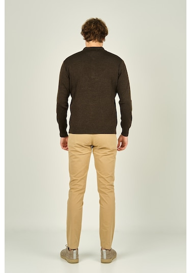 Ateş Triko Erkek Polo Yaka Düğmeli Yün Kazak 6091023 Koyu Kahve Koyu Kahve Koyu Kahverengi