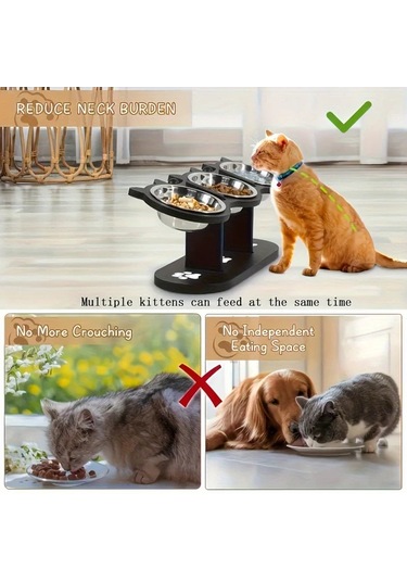 Dream011 Siyah 3 Seviyeli Kedi Maması Kabı Ahşap Paslanmaz Çelik Ayarlanabilir Taşınabilir