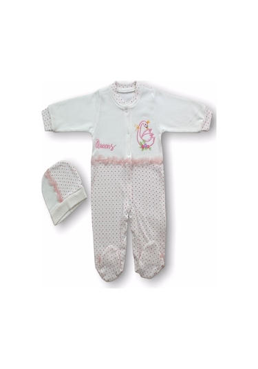 0-3 3-6 6-9 Ay Kraliçe Kuğu Nakışlı Şapkalı Kız Bebek Tulumu Ekru