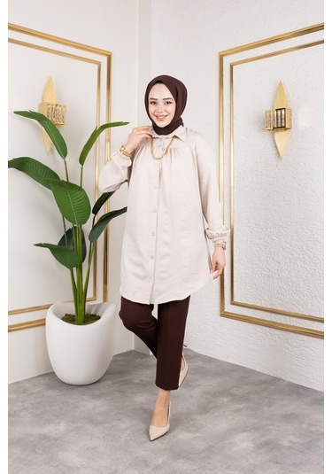 Önü Büzgülü Bilek Lastikli Tunik - Bej / Ü104 Bej