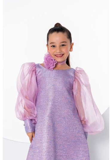Riccotarz Kız Çocuk Çiçekli Boyunluk Hediyeli Şeffaf Karpuz Kollu Üzeri Simli Lila Elbise Lila