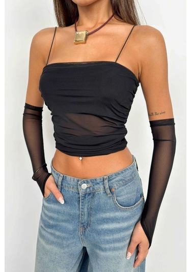 Kolluk Detay Askılı Tül Bluz Siyah