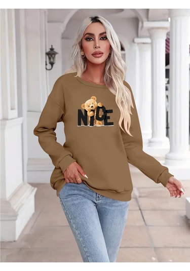 Supplierby Kadın Uzun Kollu Bisiklet Yaka Viskon Iki Iplik Bluz Bej