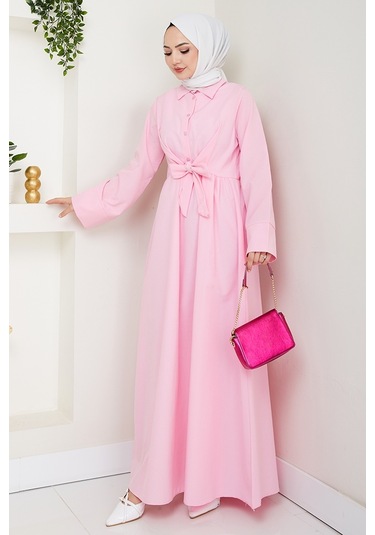 Renda Belden Bağlamalı Elbise 1467 - Pudra Pudra