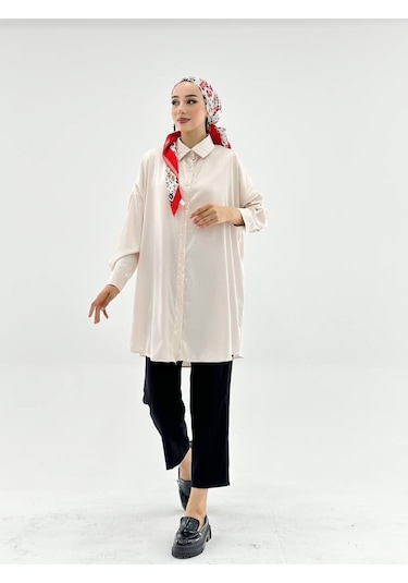 Vioshine Vıoshıne Kadın Oversize Saten Gömlek-bej Bej