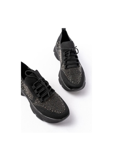 3002 Siyah Bağcıklı Fileli Taş Aksesuarlı Günlük Spor Ayakkabı Beyaz