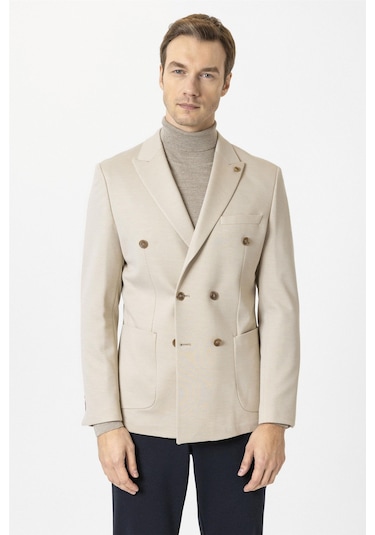 Süvari Bej Slim Fit Düz Sivri Yaka 6 Drop Ceket