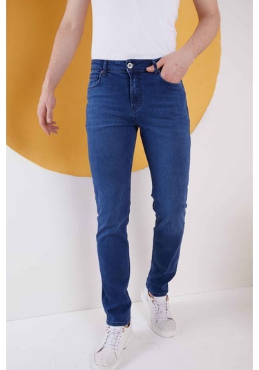 Erkek Mavi Düz Regular Fit Likralı Düz Paça Kot Pantolon Mavi