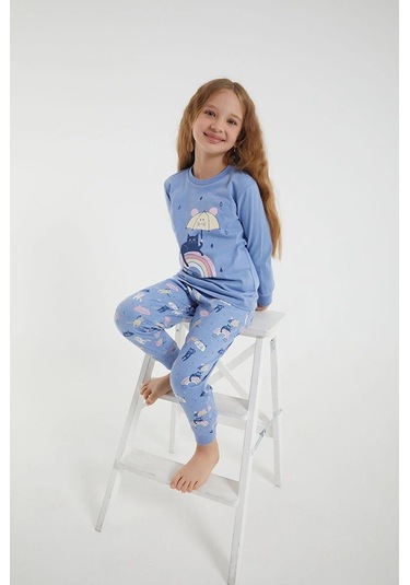 Kız Çocuk Pamuklu Uzun Kollu Kedili Pijama Takımı-11394 Indigo