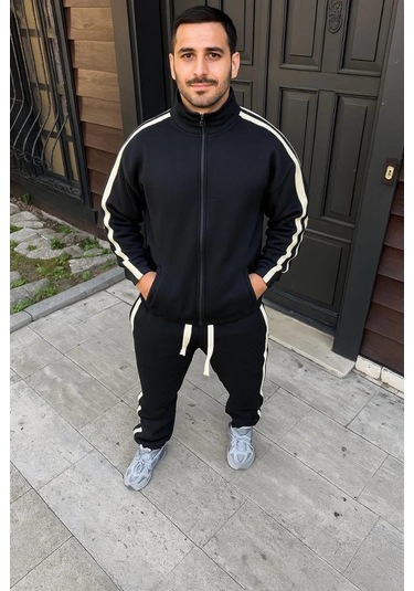 Erkek Çift Şeritli Eşofman Takım Dik Yaka Fermuarlı Sweatshirt Boru Paça Alt, Oversize 3 İplik Pamuk Siyah