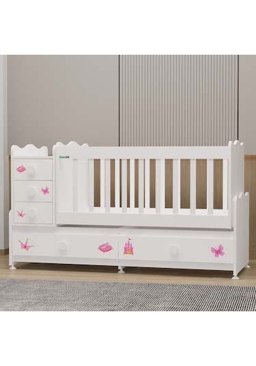 Garaj Home Melina 5 Çekmeceli Büyüyen Mdf Çıtalı Beşik - Prenses Beyaz