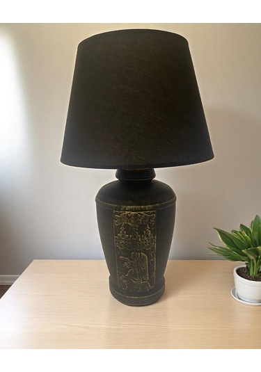 Gold Renk Eskitme Sümer Dekoratif Abajur - Siyah Siyah