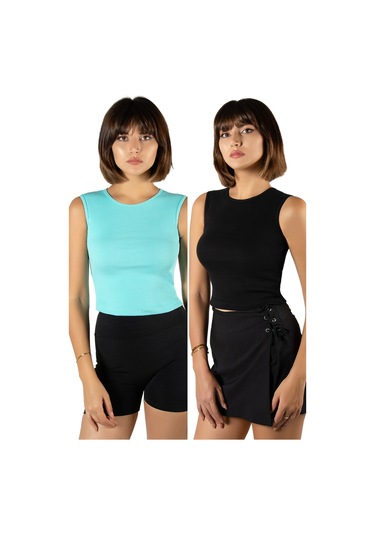 2'li Paket Turkuaz Siyah Fitted/vücuda Oturan Crop Halter Yaka Fitilli Esnek Örme Bluz Atlet Turkuaz Siyah
