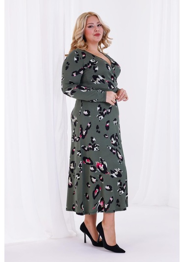 Kadın Yeşil Tiger Desen Kruvaze Yaka Büyük Beden Esnek Maxi Elbise Yeşil