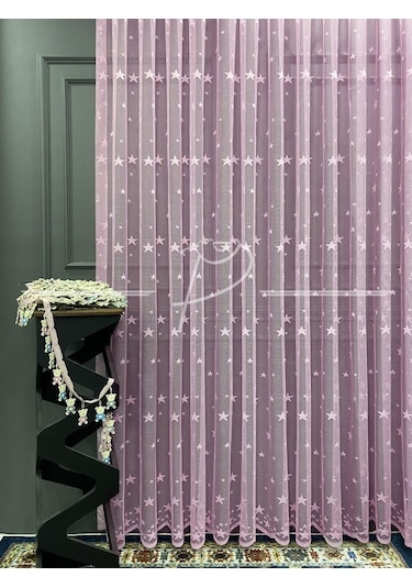 Tül Perde Çocuk Odası Irili Ufaklı Yıldız Desen Örme Kumaş Ekru