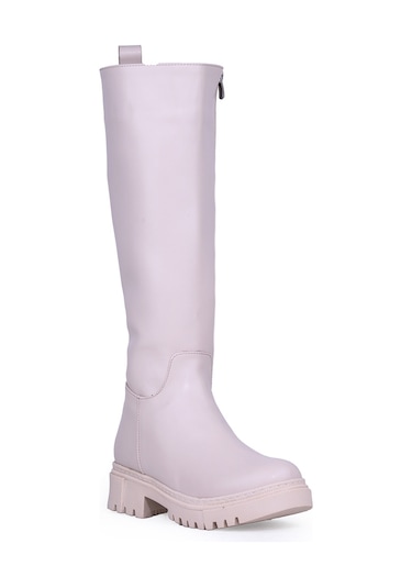 Ghattix Kadın Çizme Dizaltı Fermuarlı Düz Taban Bej