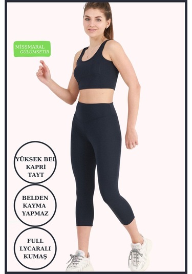 Yüksek Bel Toparlayıcı Kapri Tayt Diz Altı Lacivert Dar Paça Karyoka Dikiş Detaylı Capri 1020 Lacivert