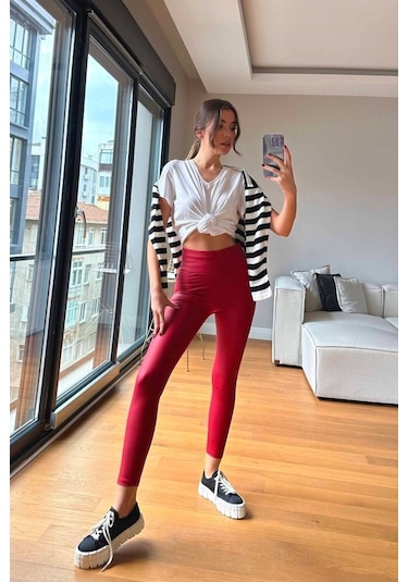 Soonaksesuar Kadın Yüksek Bel Içi Şardonlu Fırsat Ürün Toparlayıcı Tayt Kırmızı