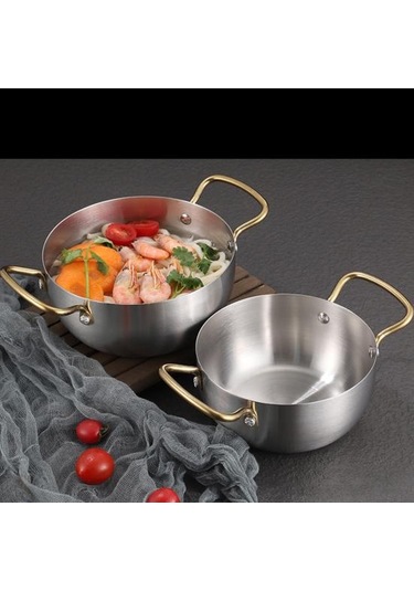 Altın Ramen Erişte Pot Hızlı Isıtma İki Kolları Gıda Sınıfı Paslanmaz Çelik Kore Ramen Erişte 18cm