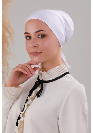 Tesettür Geçmeli Bağcıklı Viskon Likralı Bone Beyaz Beyaz