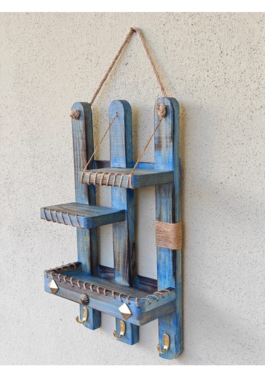 Dkr Dekoratif Çam Agacı Raf El Yapımı Ahşap Raf Anahtarlık Antik Mavi Mavi