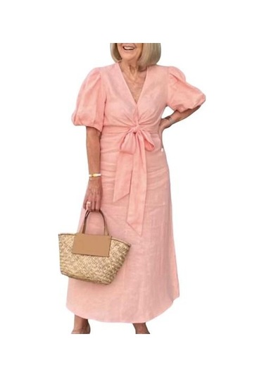 Yazlık Maksi Elbise V Yaka Bağcıklı Bel Kabarık Kollu Düz Renk Bol Pembe
