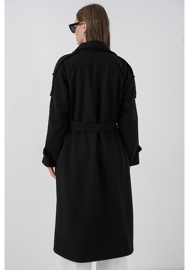 Kadın Kuşaklı Kaşe Kaban 9161 - Siyah Siyah