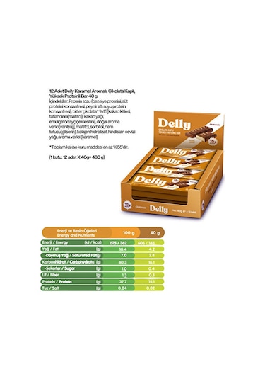 Delly Karamel Aromalı Çikolata Kaplı Yüksek Protein Bar 12 x 40 G
