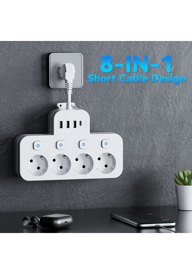 Xuweiwei 8i 1 Arada Standart Eu Priz 4 Usb Portu Usb C Portlu Bagimsiz Anahtarlı Kisa Uzatma Kablosu Beyaz