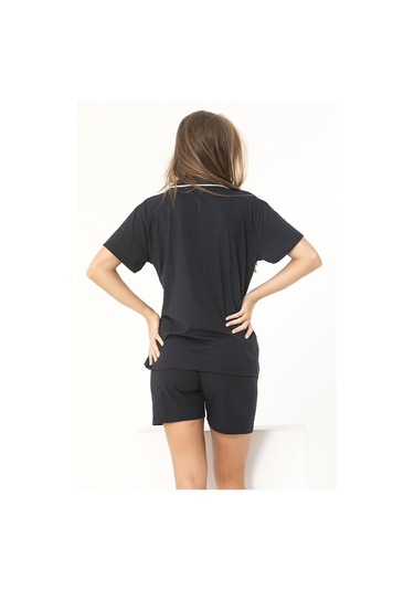 Siyah Renk Biyeli Pamuklu Kısa Kol Şort Pijama Takımı Siyah