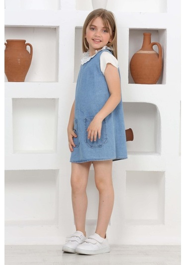 Kız Çocuk 2'li Jean Elbise Çift Cepli Jean Elbise+bluz 12203 Mavi