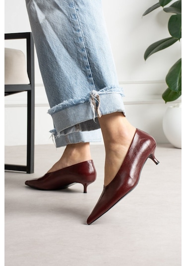 Shoetek Louod Kadın Stıletto İnce Topuklu Kırışık Bordo Deri Bordo
