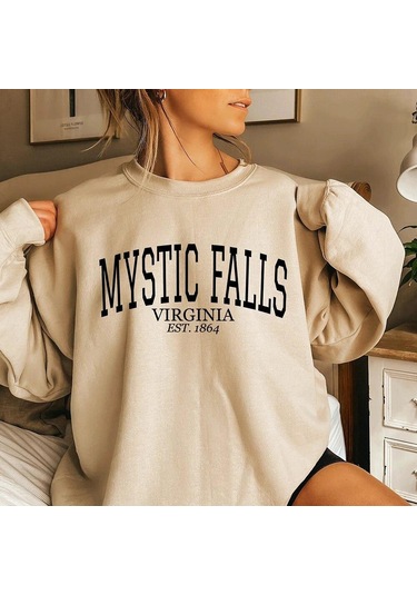 Bej Mystic Falls Virginia Est.1864 Kazak Salvatore Kapşonlu Stefan Ve Damon Jumper Virginia Pullovwe Vampir Fanı Için Sevimli Hediye Bej
