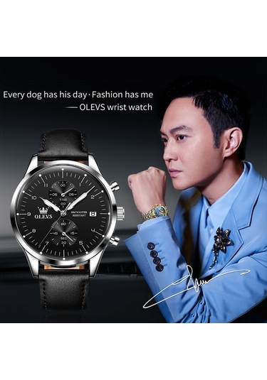 Olevs 2880 Erkekler Çok Fonksiyonlu İş Su Geçirmez Deri Kayış Kuvars Saat Siyah + Gümüş