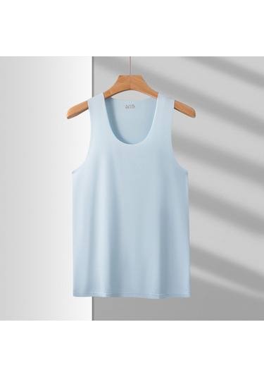 Yuvarlak Yaka Buz İpek Kumaş Spor Süper Elastik Slim Fit Erkek Kolsuz Atlet Tshirt Mavi