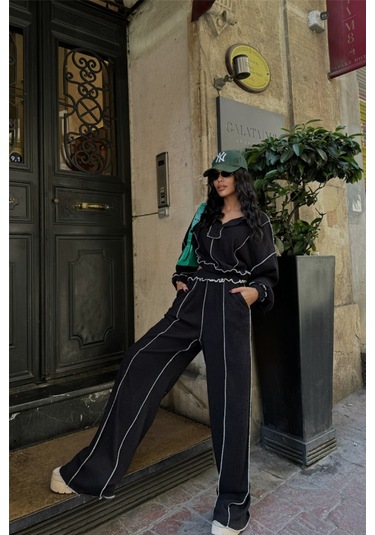 The İstanbul Biyeli Bluz Pantolon Takım Şönil Kumaş - Siyah Siyah