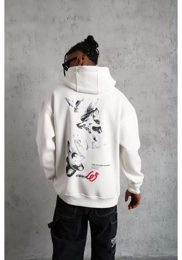 Erkek Şapkalı Güvercin Baskılı Kapşonlu Sweat - Beyaz Beyaz