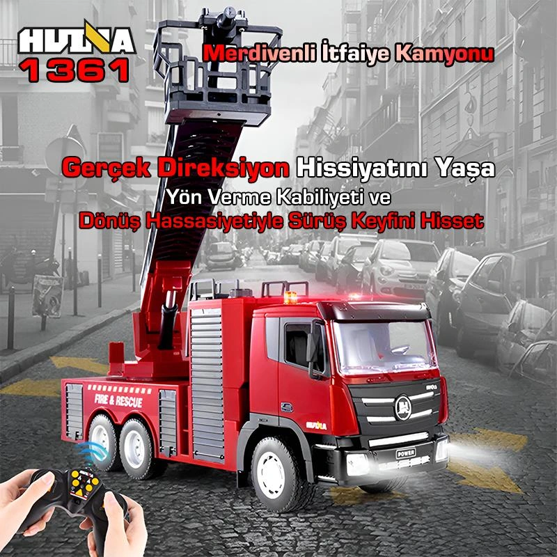 Huına 1361 1/18 15ch Rc Model Uzaktan Kumandalı Merdivenli Yangın Söndürme İtfaiye Kamyonu İş Makinesi -su Püskürtme Fonksiyonlu-2.4g Gerçekçi Similasyon Ses Ve Işık Sistemi