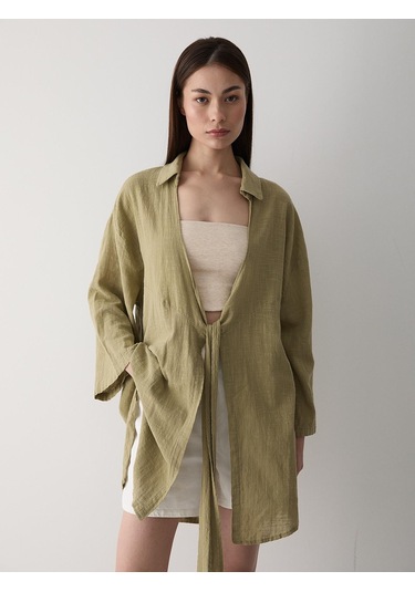 Haki Flam Keten Kimono Gömlek Haki