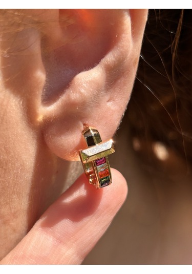 Bym473 U Model Kapamalı Zirkon Renkli Taşlı Günlük Rose Gold Kadın Çelik Küpe Rose Gold